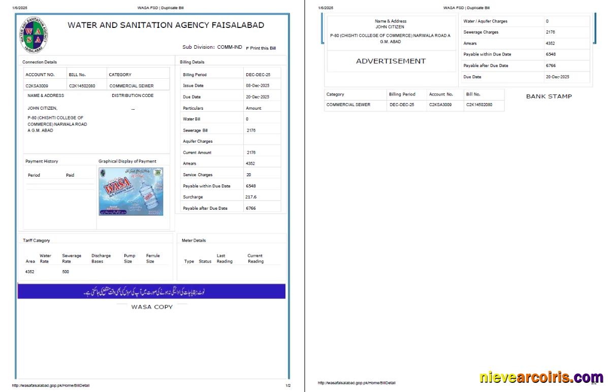 Premium Pakistan WASA Utility Bill Template In Word And PDF Formats, 2 Pages