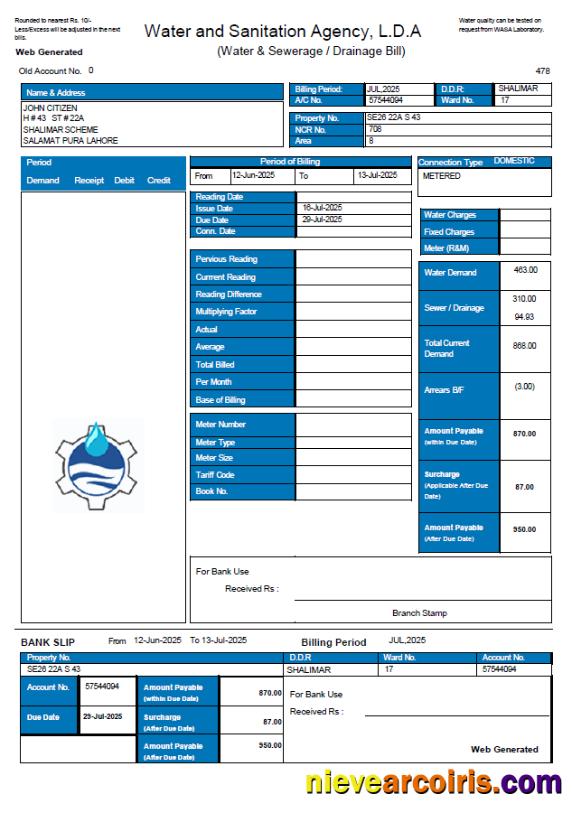 Editable Pakistan Water And Sanitation Agency (LDA) Utility Bill Template In Word And PDF Formats