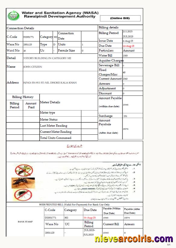 Professional Pakistan Water And Sanitation Agency Rawalpindi Development Authority Utility Bill Template In Word And PDF Formats