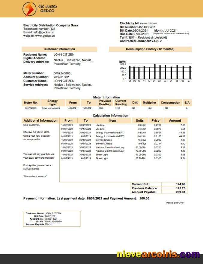 Premium Palestine Electricity Distribution Company Gaza (GEDCO) Utility Bill Template In Word And PDF Format