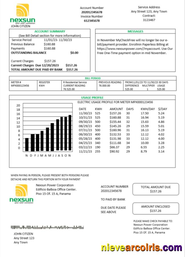 Realistic Panama Nexsun Power Corporation Electricity Utility Bill Word And PDF Template