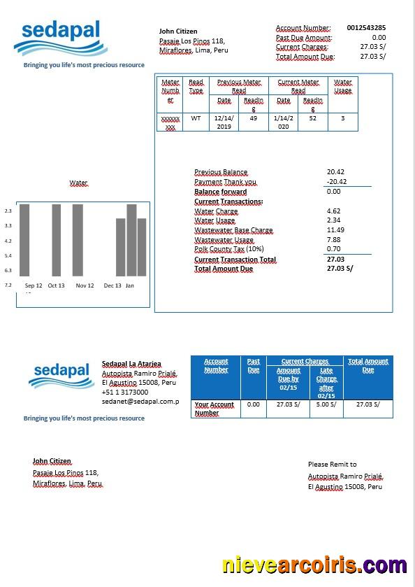 Peru Sedapal La Atarjea Water Utility Bill In Word Format Template
