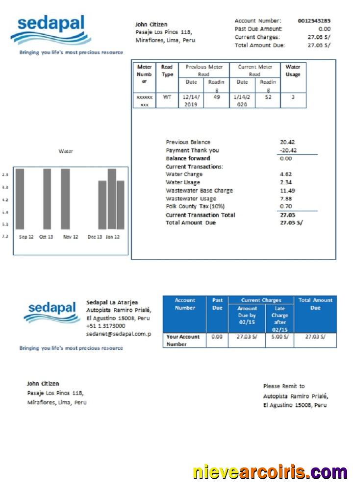 Premium Peru Sedapal La Atarjea Water Utility Bill Template In Word And PDF Format