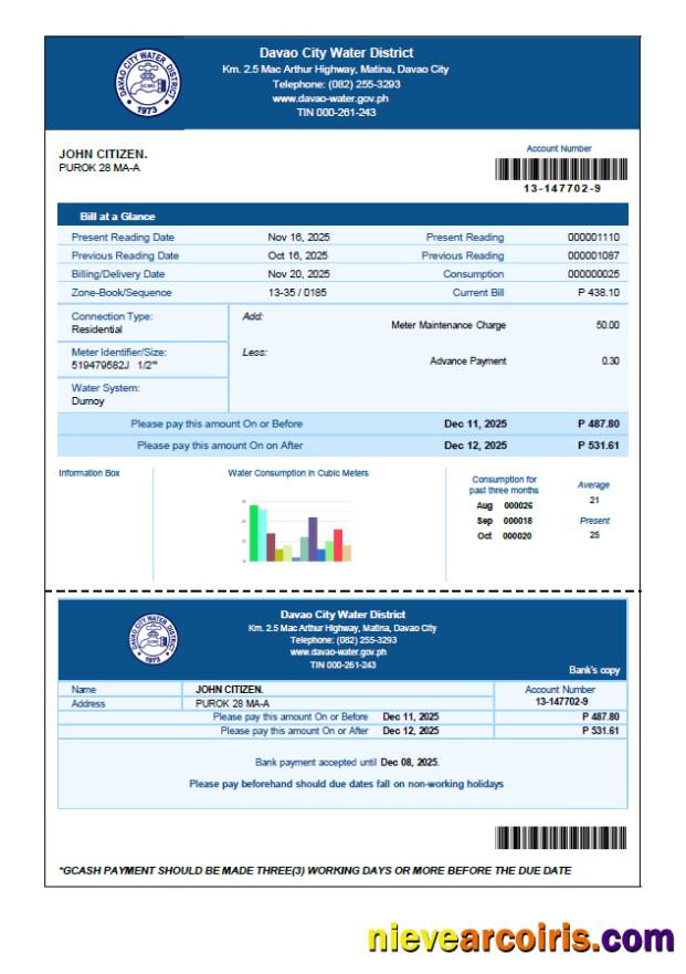 Editable Philippines Davao City Water District Utility Bill Template In Word And PDF Formats
