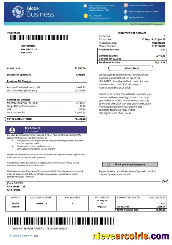Realistic Philippines Globe Business Utility Bill Template In Word And PDF Format