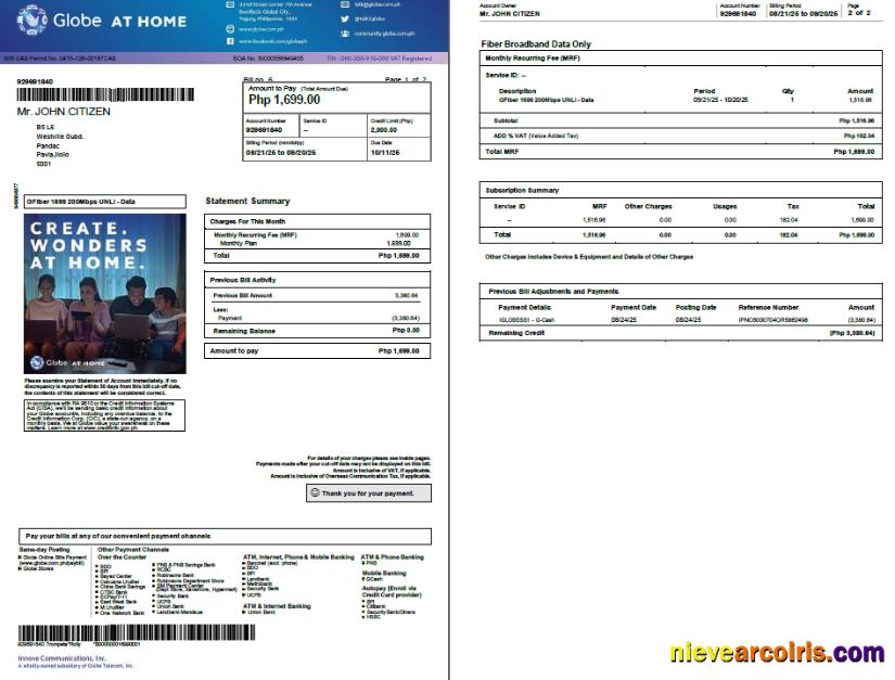 Editable Philippines Globe MyBusiness Utility Bill Template In Word And PDF Formats, 2 Pages, Version 2