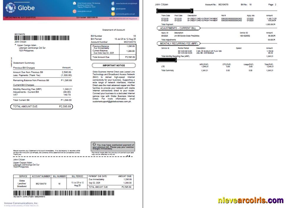 Professional Philippines Globe Utility Bill Template In Word And PDF Formats, 2 Pages