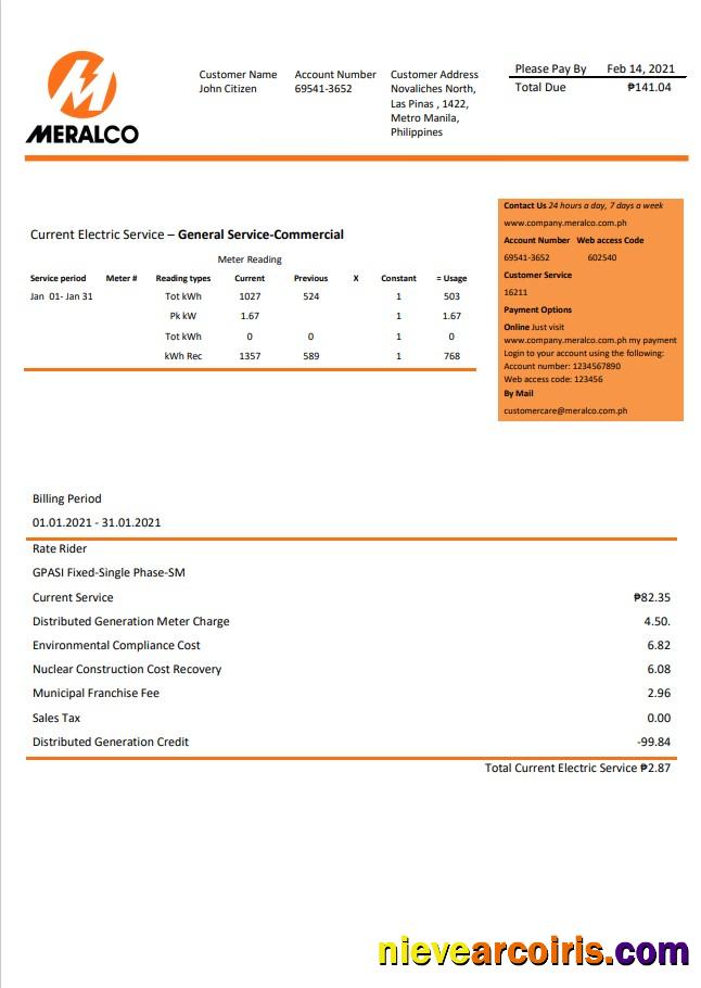 Editable Philippines Manila Electric Company (Meralco) Electricity Utility Bill Word And PDF Template