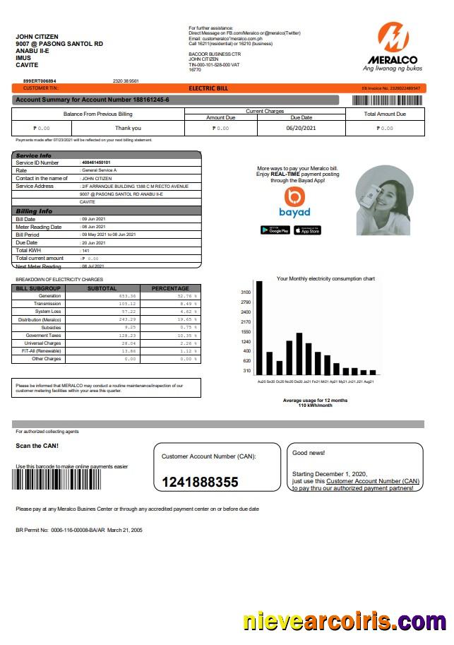 Premium Philippines Meralco Electricity Utility Bill Template In Word And PDF Format, Version 2
