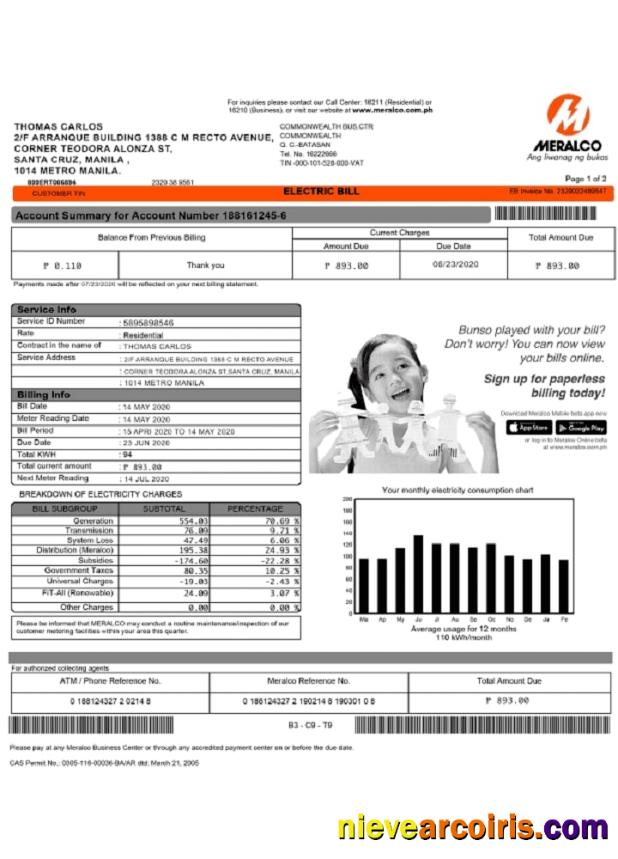 Editable Philippines Meralco Electricity Utility Bill Template, Fully Editable In PSD Format