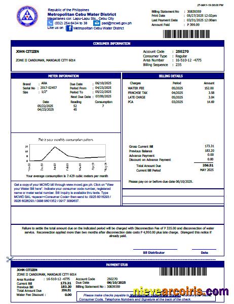 Editable Philippines Metropolitan Cebu Water District Utility Bill Template In Word And PDF Formats, Version 2