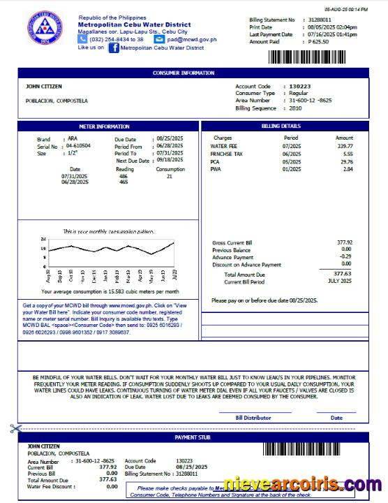 Professional Philippines Metropolitan Cebu Water District Utility Bill Template In Word And PDF Formats