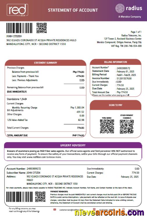 Professional Philippines Red Fiber Utility Bill Template In Word And PDF Formats