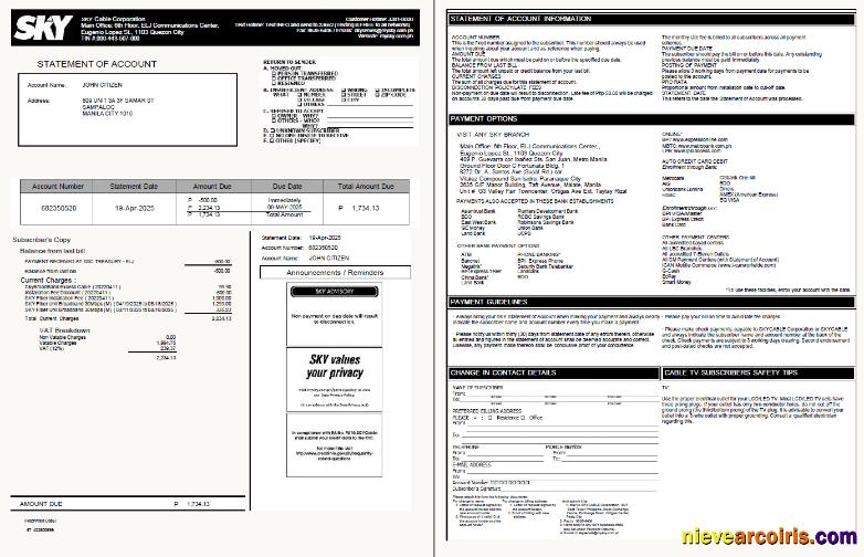 Premium Philippines Sky Cable Corporation Utility Bill Template In Word And PDF Formats, 2 Pages, Version 2