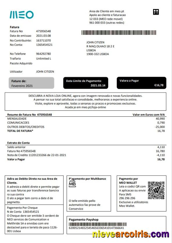 Professional Portugal MEO Utility Bill Template In Word And PDF Format, Fully Editable