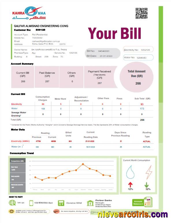Editable QATAR KAHRA MAA Utility Bill Word And PDF Template