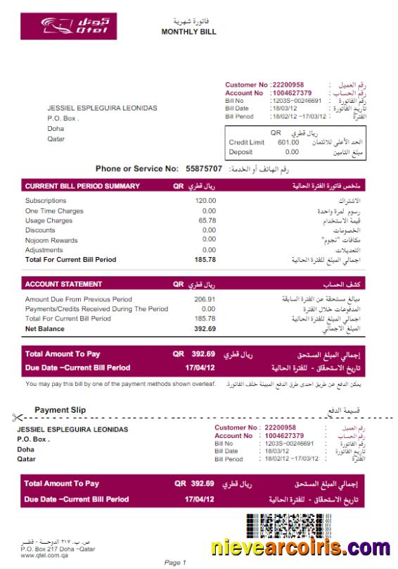 Realistic QATAR QTEL Utility Bill Word And PDF Template