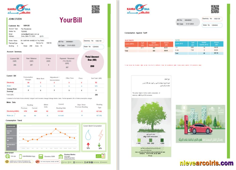 Professional Qatar Kahra Maa Utility Bill Word And PDF Template, 2 Pages