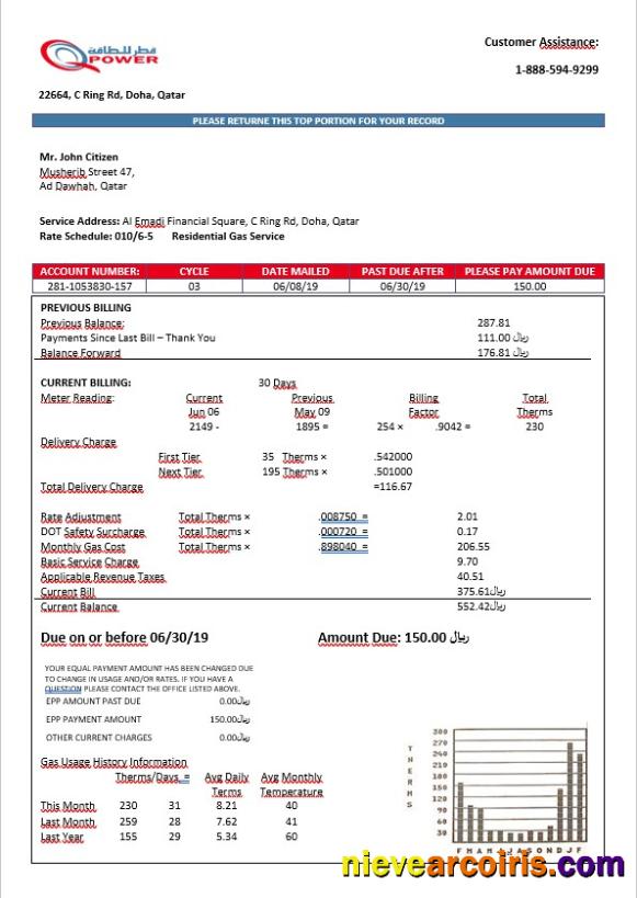 Qatar Power Company QPOWER Electricity Bill In Word Format Template