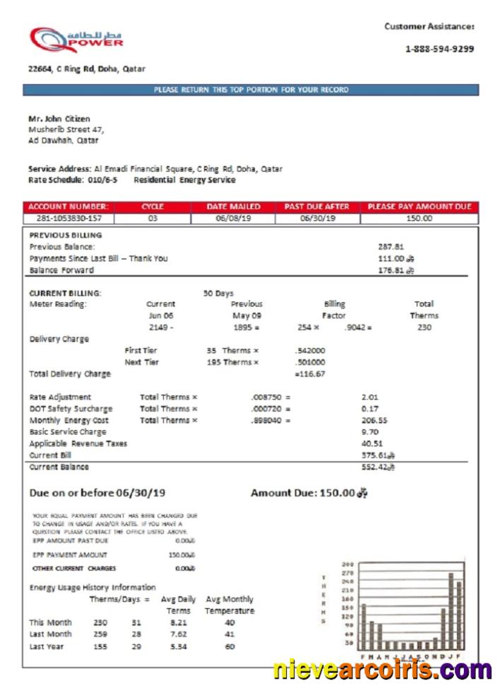 Editable Qatar Power Company Electricity Utility Bill Template In Word And PDF Format