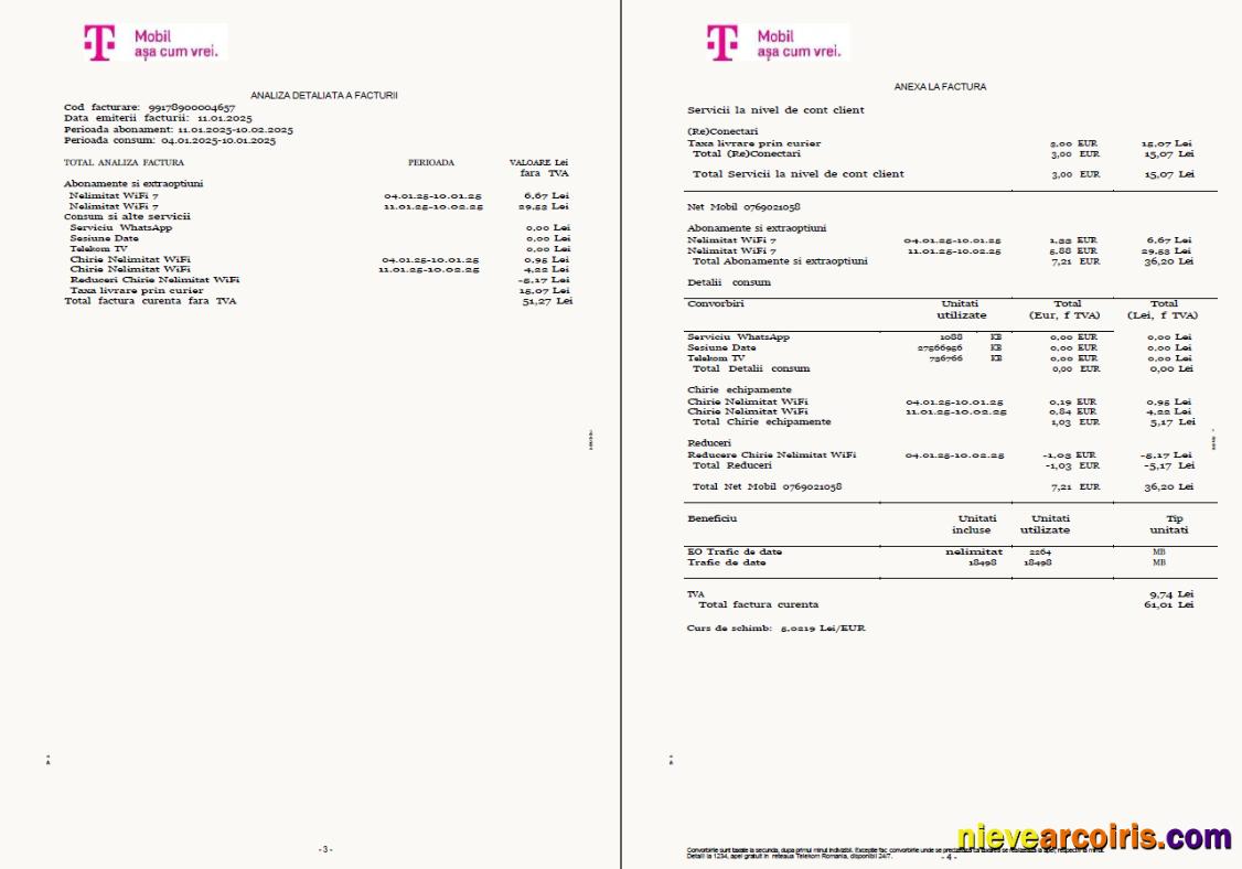 Premium Romania T Mobile Utility Bill Template In Word And PDF Formats, 4 Pages, 3 4 Pages