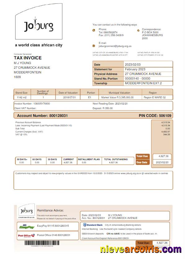 Professional SOUTH AFRICA JOBURG Utility Bill Word And PDF Template