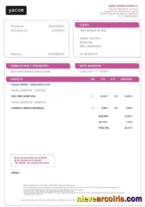 Professional SPAIN YACOM Utility Bill Word And PDF Template