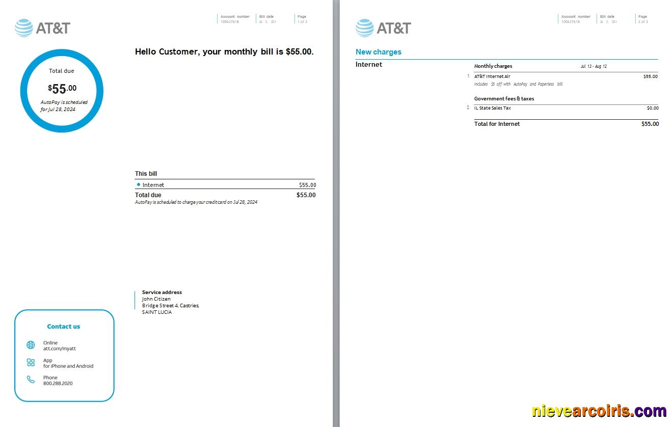 Saint Lucia Internet Utility Bill, 3 Pages Scr Sample