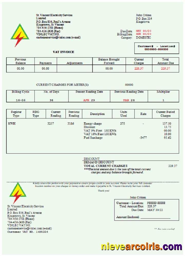 Editable Saint Vincent And The Grenadines St. Vincent Electricity Services Limited Utility Bill Word And PDF Template