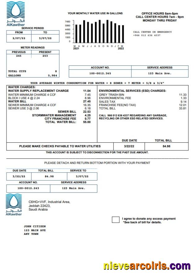 Realistic Saudi Arabia AlKawther Utility Bill, Word And PDF Template