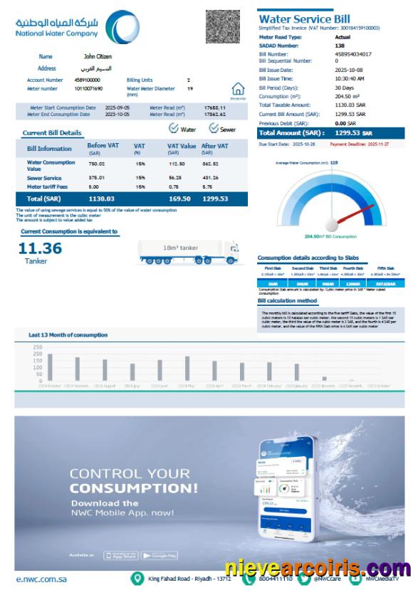 Professional Saudi Arabia National Water Company Utility Bill Template In Word And PDF Formats