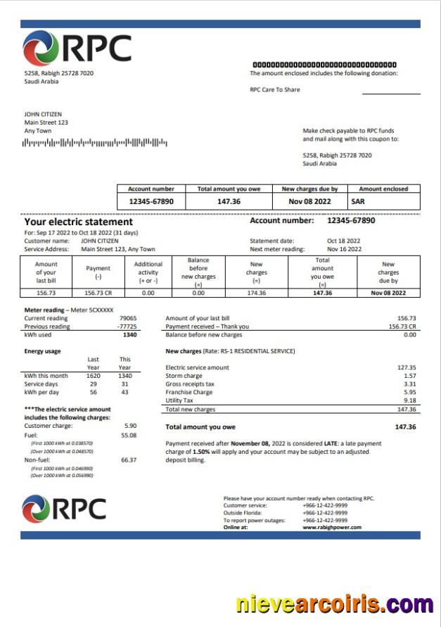Premium Saudi Arabia Rabigh Power Company Utility Bill, Word And PDF Template