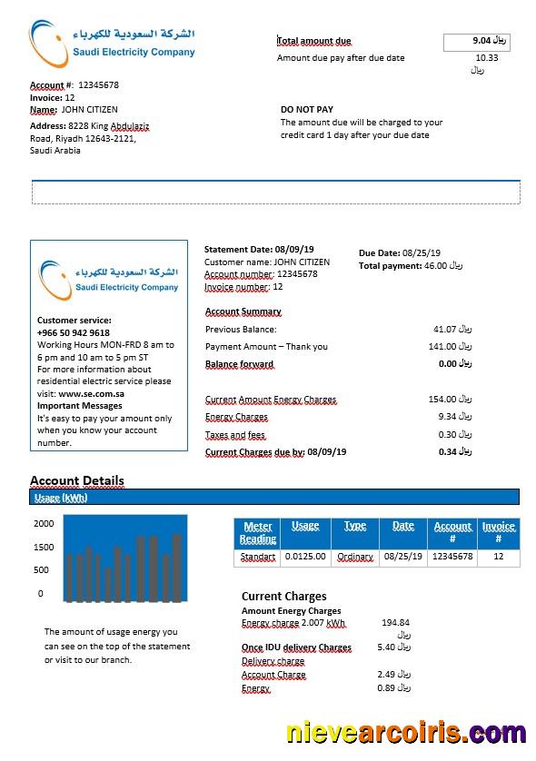 Saudi Arabia Saudi Electricity Company Electricity Bill In Word Format Preview