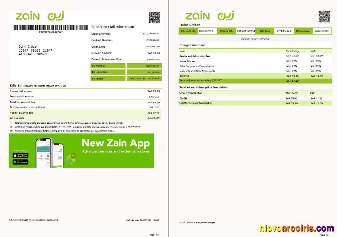Realistic Saudi Arabia Zain Utility Bill Template In Word And PDF Formats, 2 Pages, Version 2