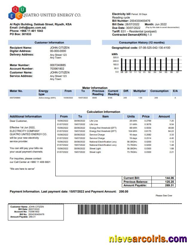 Realistic Saudi Quatro United Energy Co. Utility Bill, Word And PDF Template