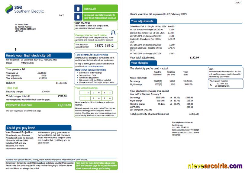 Professional Scotland SSE Utility Bill Template In Word And PDF Formats, 2 Pages