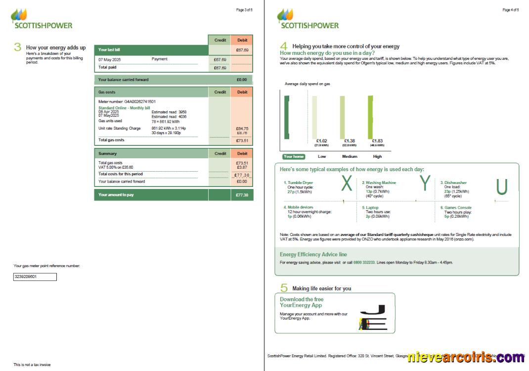 Editable Scotland Scottish Power Utility Bill Template In Word And PDF Formats, 6 Pages, 3 4 Pages