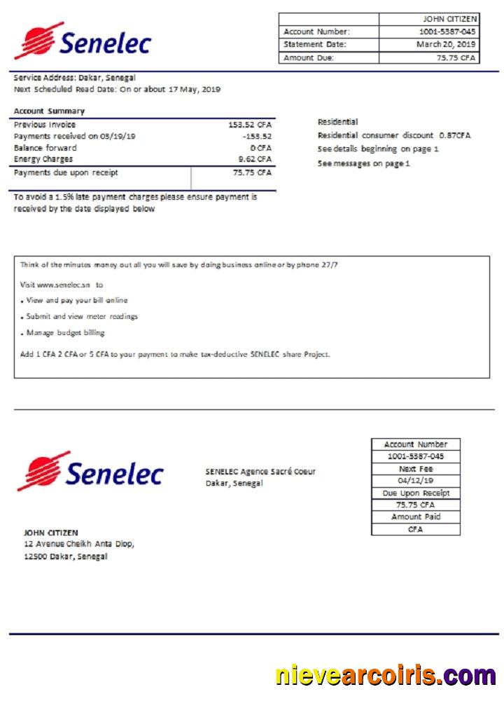 Editable Senegal Senelec Agence Sacré Coeur Company Electricity Utility Bill Template In Word And PDF Format