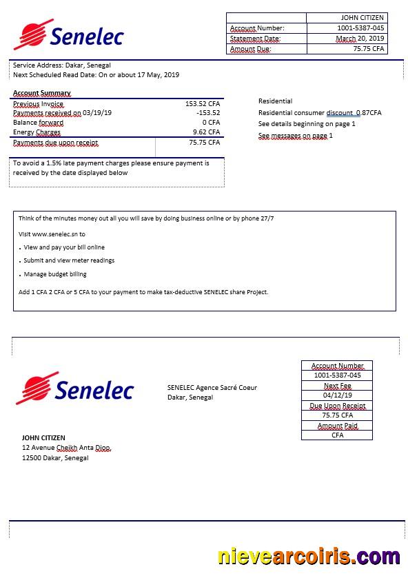 Senegal Senelec Agence Sacré Coeur Electricity Bill In Word Format Sample