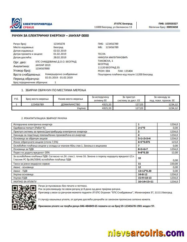 Realistic Serbia Електропривреда Србиjе Electricity Utility Bill Template In Word And PDF Format