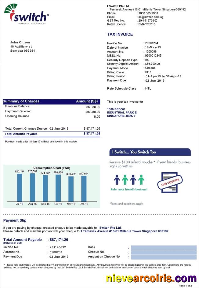Editable Singapore Iswitch Energy Utility Bill Template, Fully Editable In PSD Format