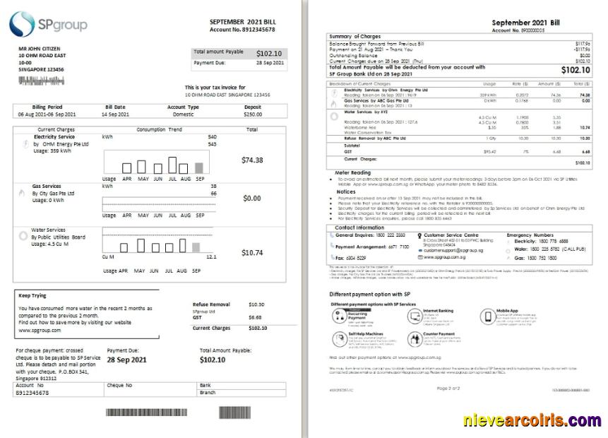 Professional Singapore SP Group Utility Bill Template In Word And PDF Format (2 Pages)