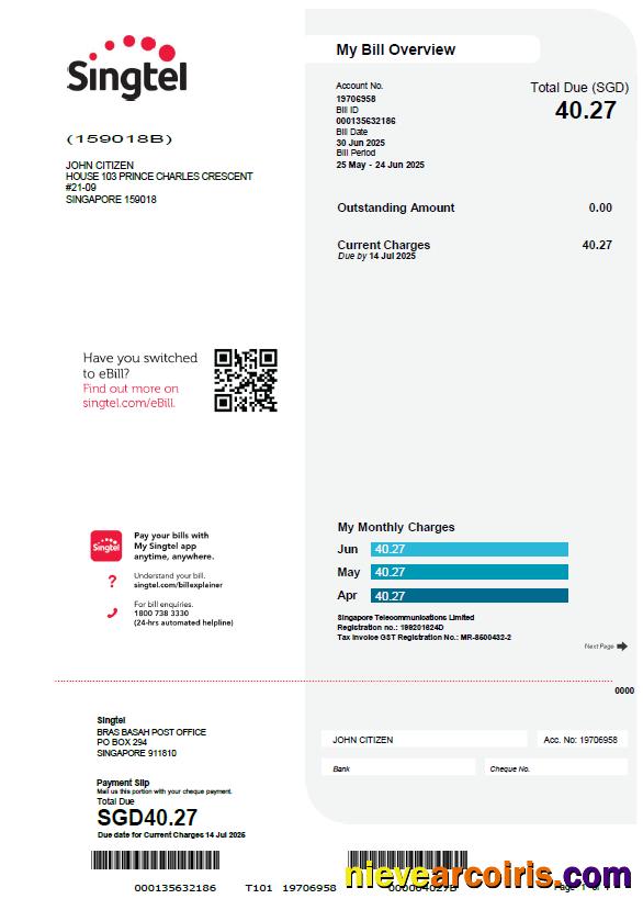 Professional Singapore Singtel Utility Bill Template In Word And PDF Formats