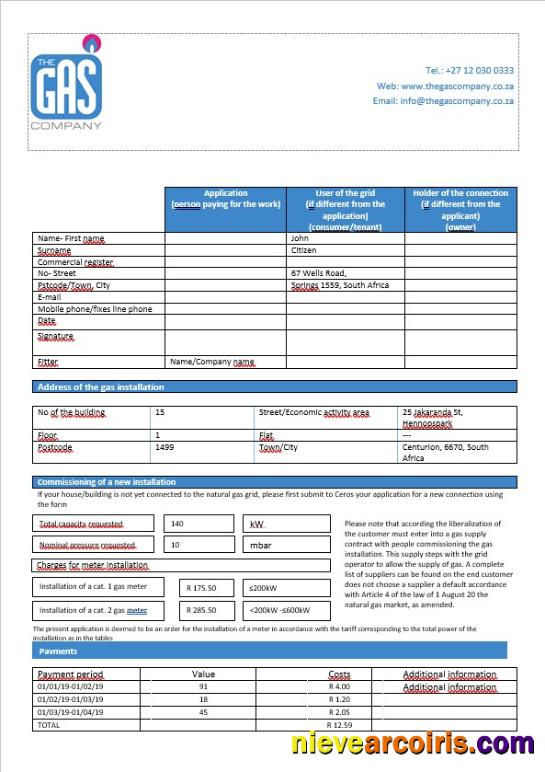South Africa The GAS Company Gas Bill In Word Format Sample
