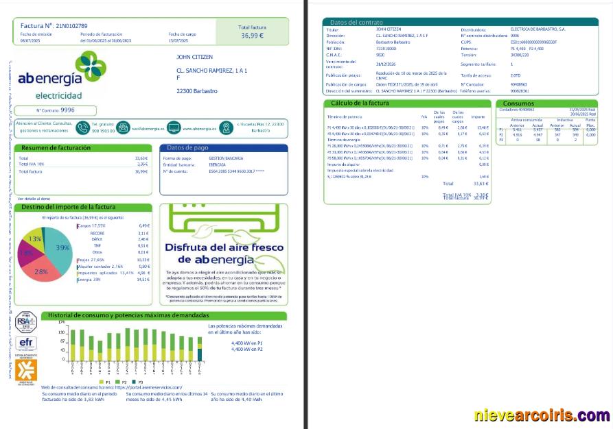 Realistic Spain Abenergía Utility Bill Template In Word And PDF Formats, 1 2 Pages