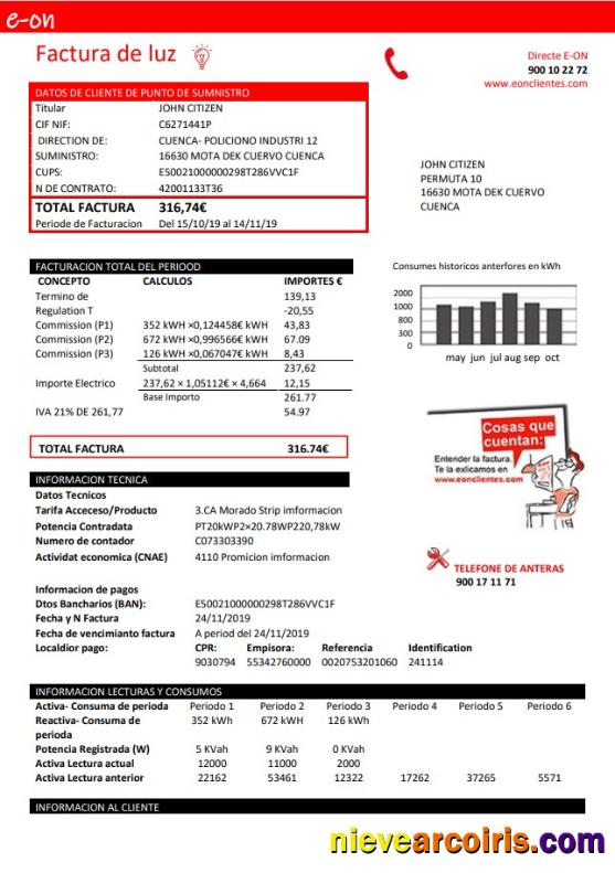 Realistic Spain E.ON Electricity Utility Bill Template In Word And PDF Format