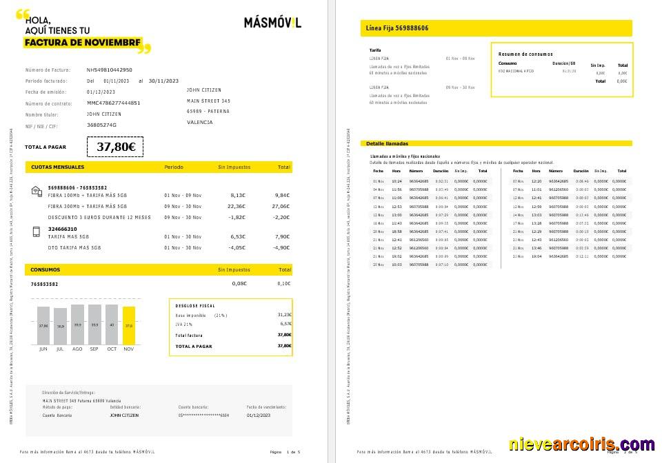 Spain Masmovil Internet And Mobile Utility Bill Word And PDF Formats, 5 Pages Sample