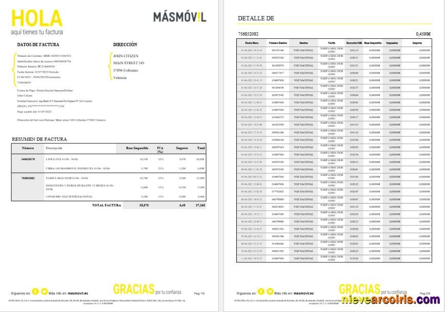 Spain Masmovil Internet Utility Bill Word And PDF Formats, 6 Pages Preview