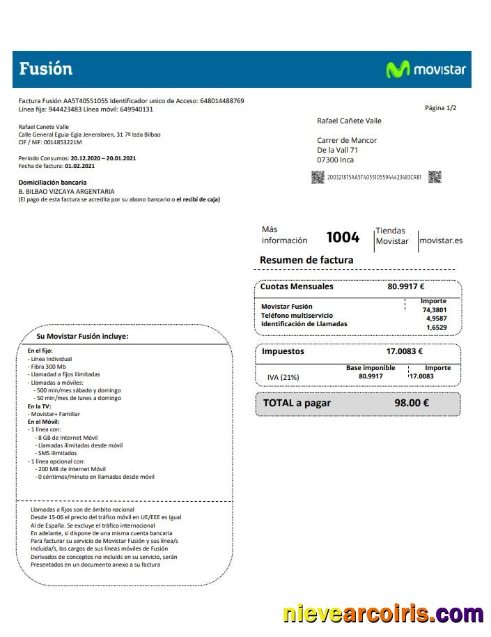 Spain Movistar Fusion Telecom Operator Utility Bill Document In Word And PDF Format Photolook