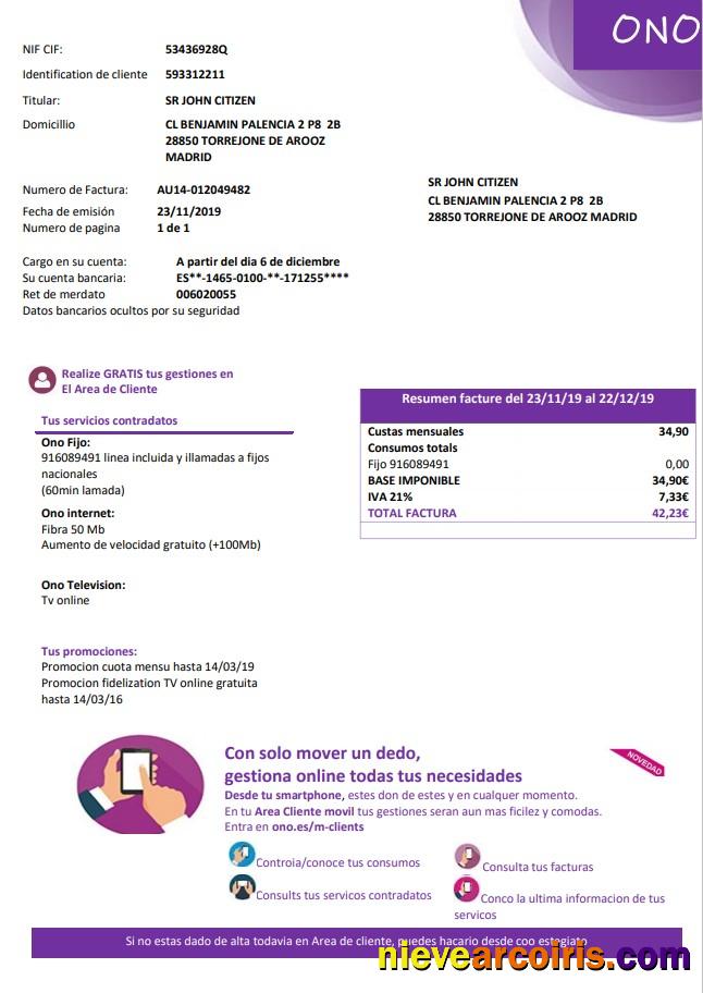 Editable Spain ONO Easy Fillable Utility Bill Template In Word And PDF Format (.doc And .pdf)